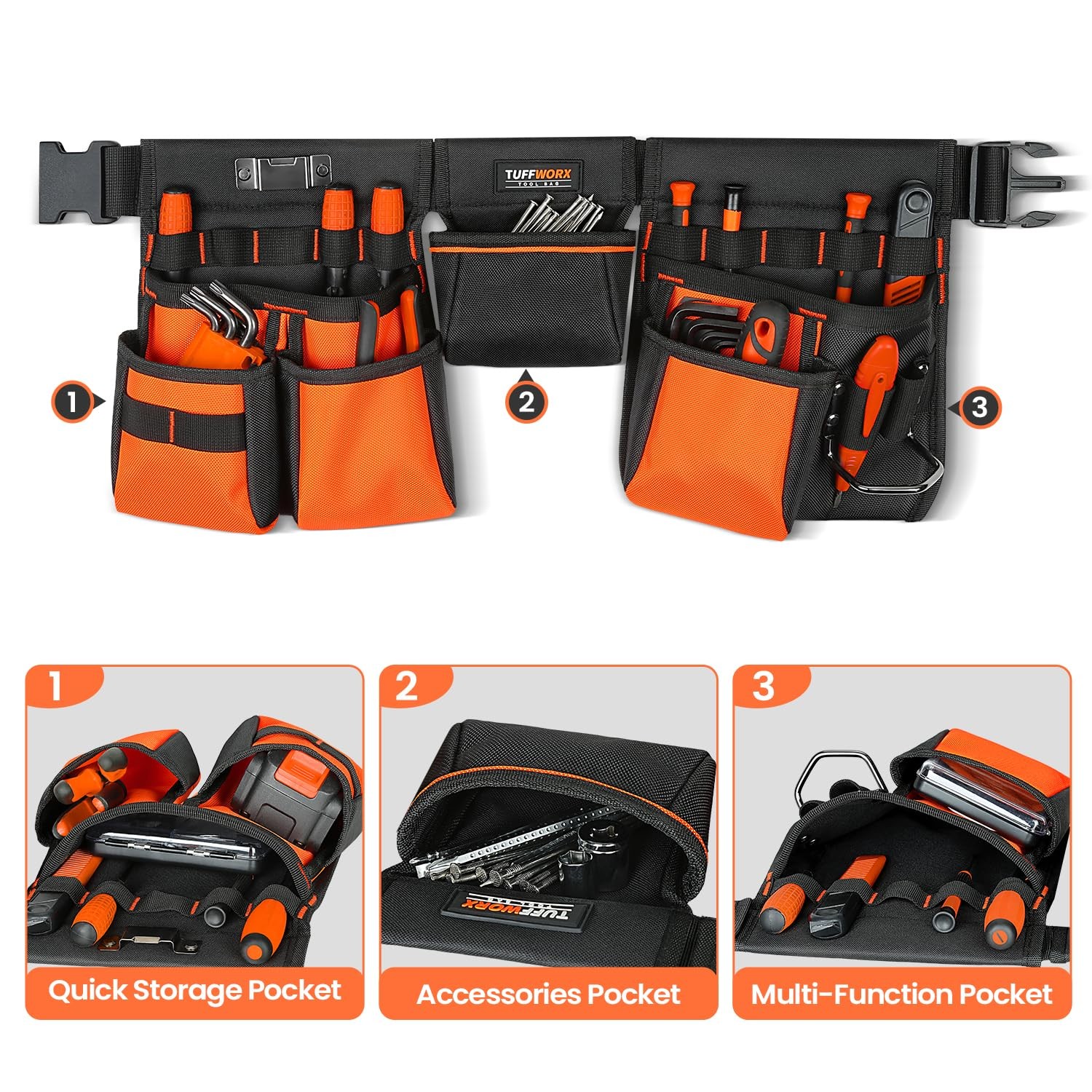 Tool Belt With Multiple Pockets Heavy Duty Construction Pouch Black And Orange