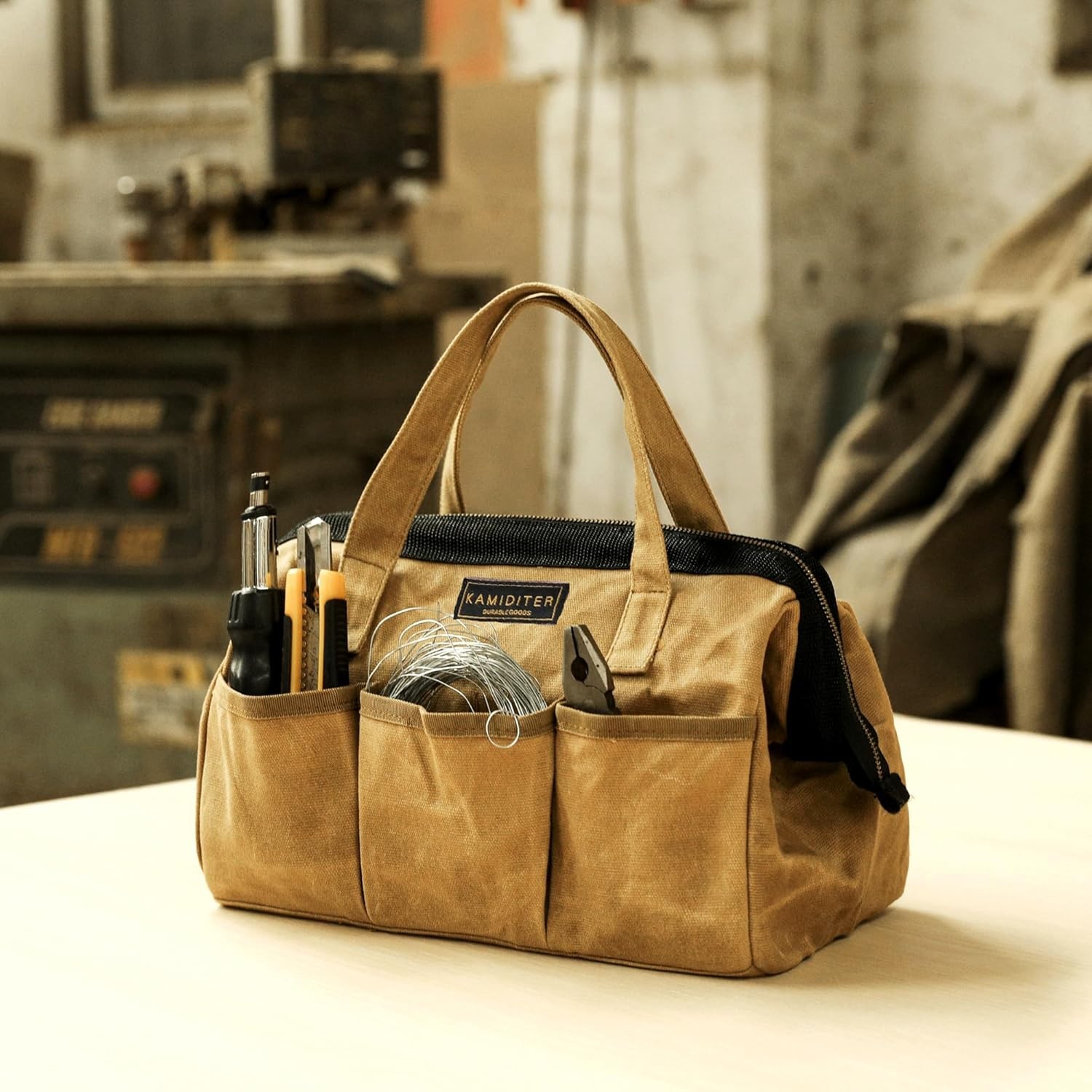 Waxed Canvas Tool Bag 16oz – Heavy Duty Zipper, Multi-Pocket Storage Organizer