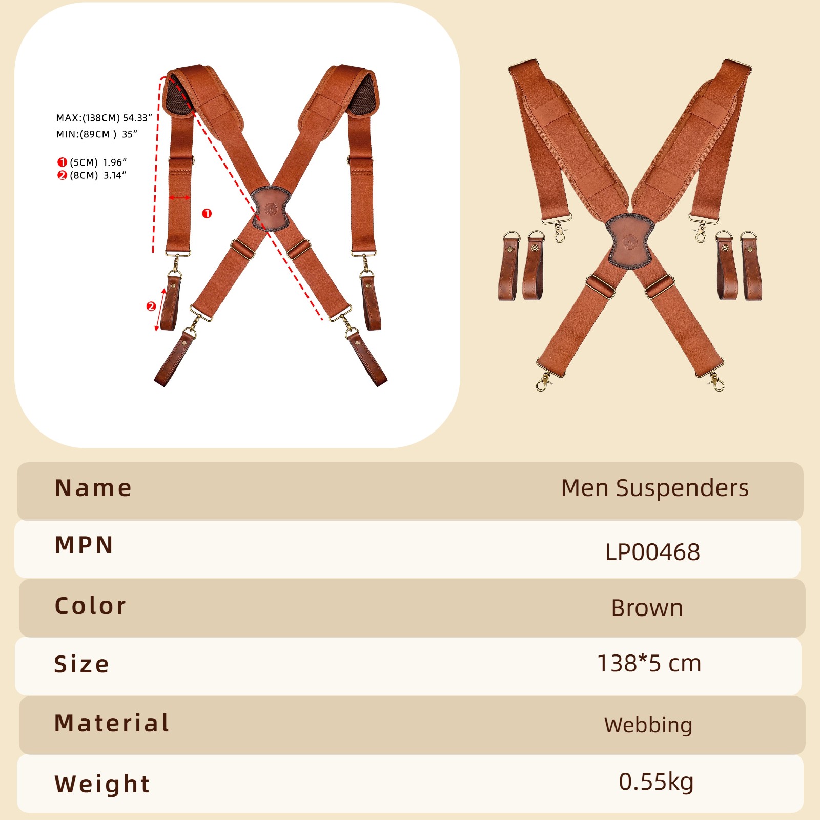 TOURBON Adjusted Tool Belt Suspenders- Leather Cross Patch-Padded Shoulder Strap