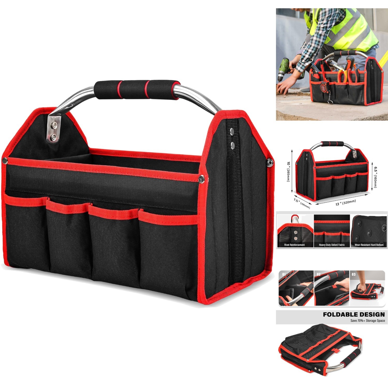 13 Inch Open Top Tool Bag Heavy Duty Organizer Tote Water Resistant Rigid Frame