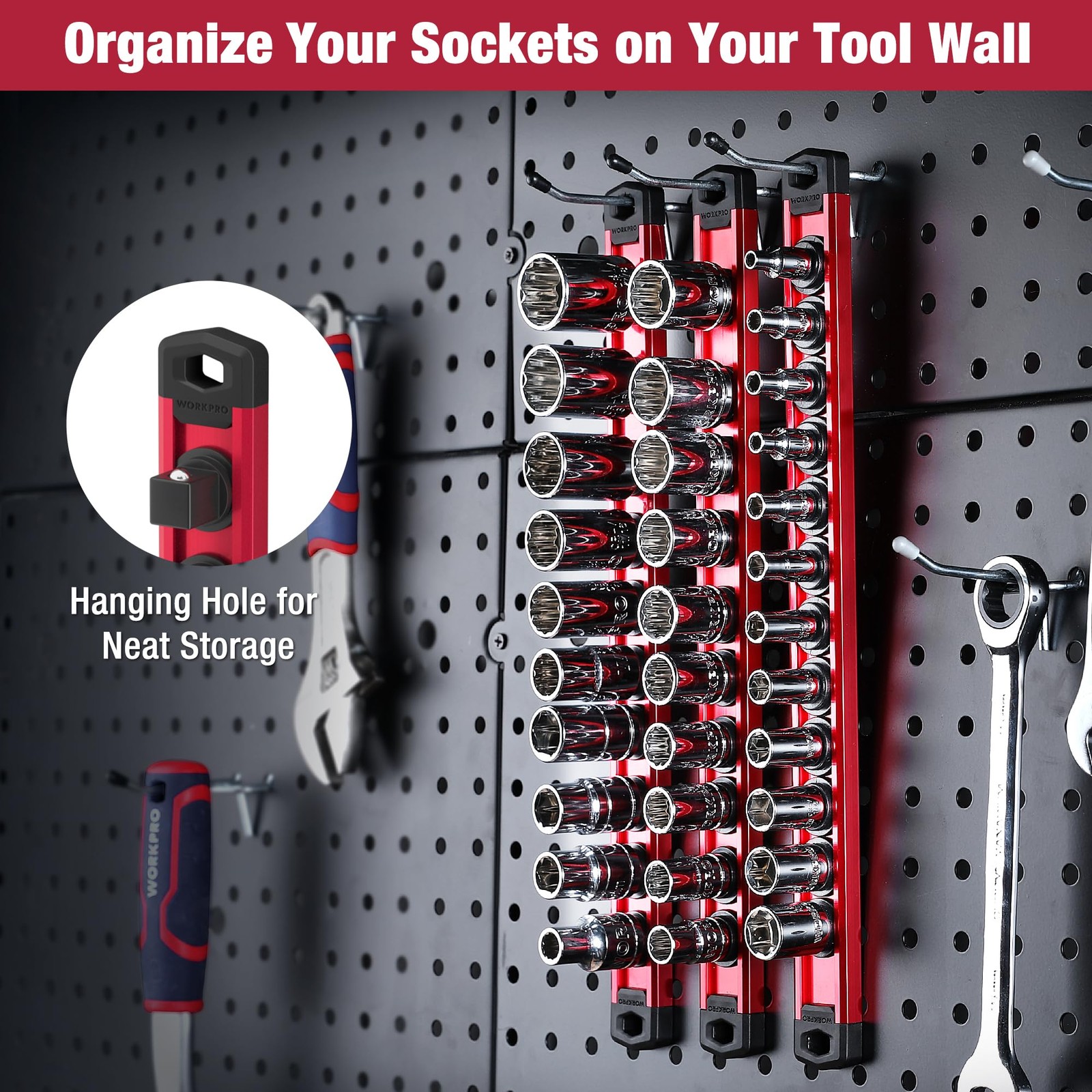 WORKPRO Magnetic Socket Organizer, 1/2-Inch Drive Aluminum Alloy 1/2″ DR, Red