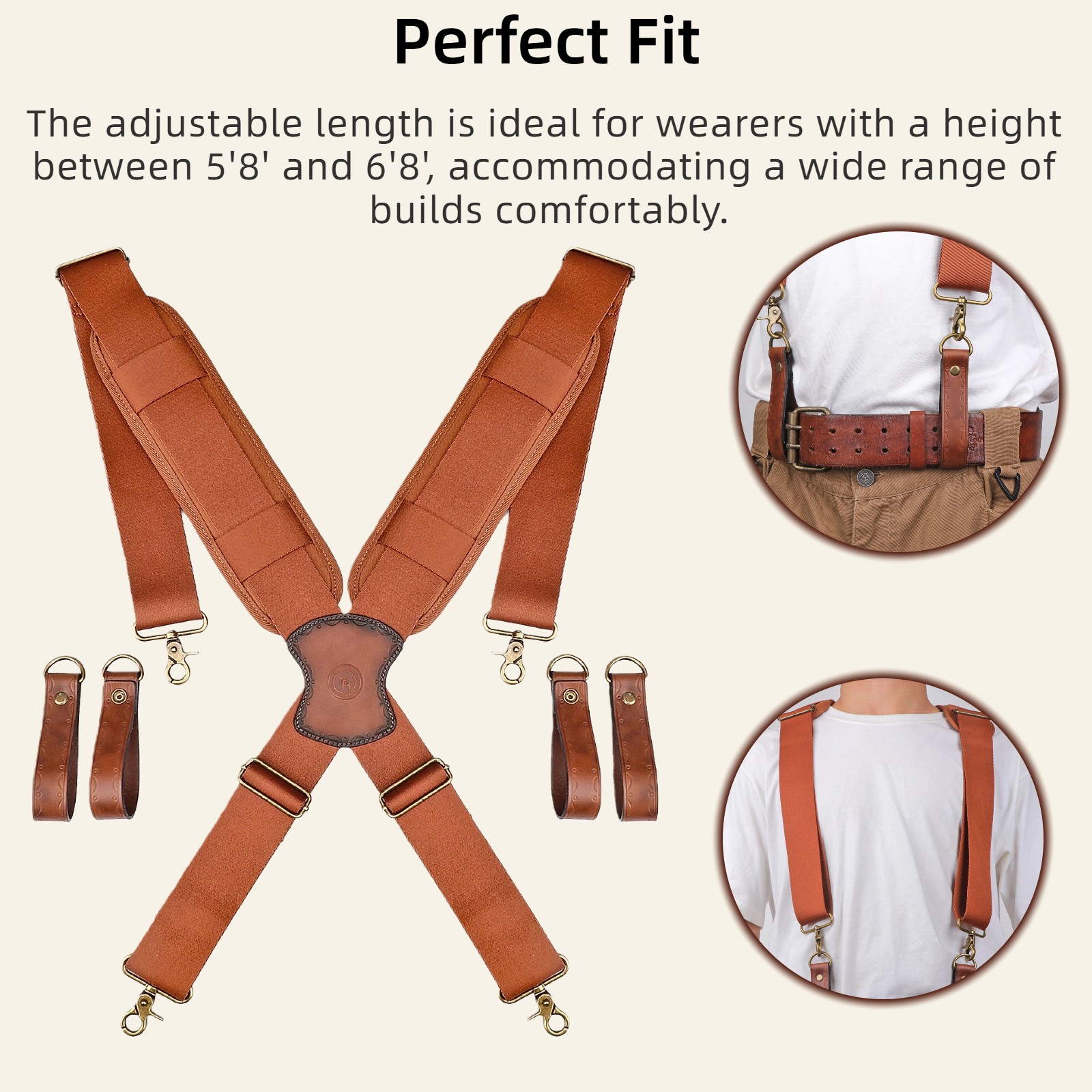 TOURBON Adjusted Tool Belt Suspenders- Leather Cross Patch-Padded Shoulder Strap