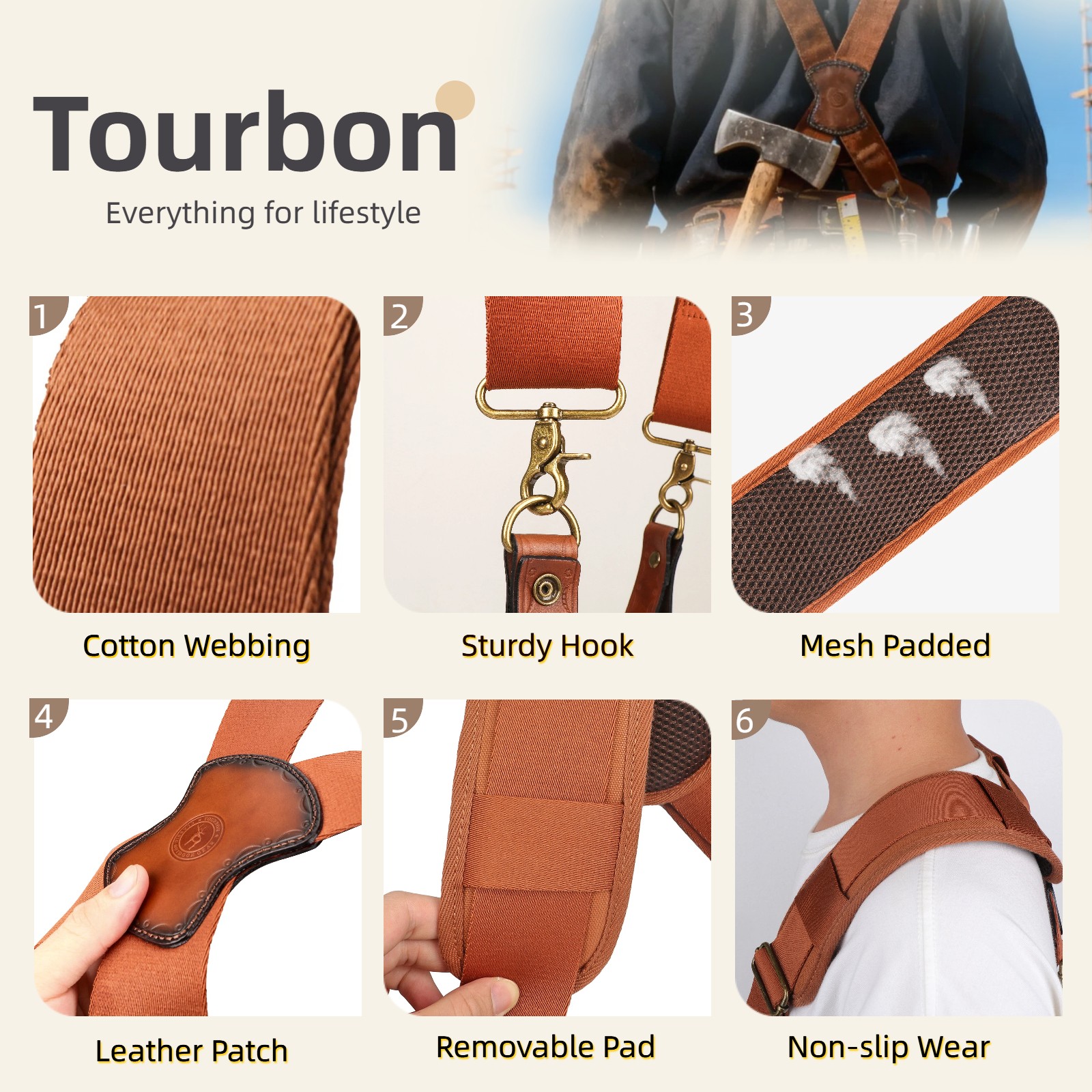 TOURBON Adjusted Tool Belt Suspenders- Leather Cross Patch-Padded Shoulder Strap