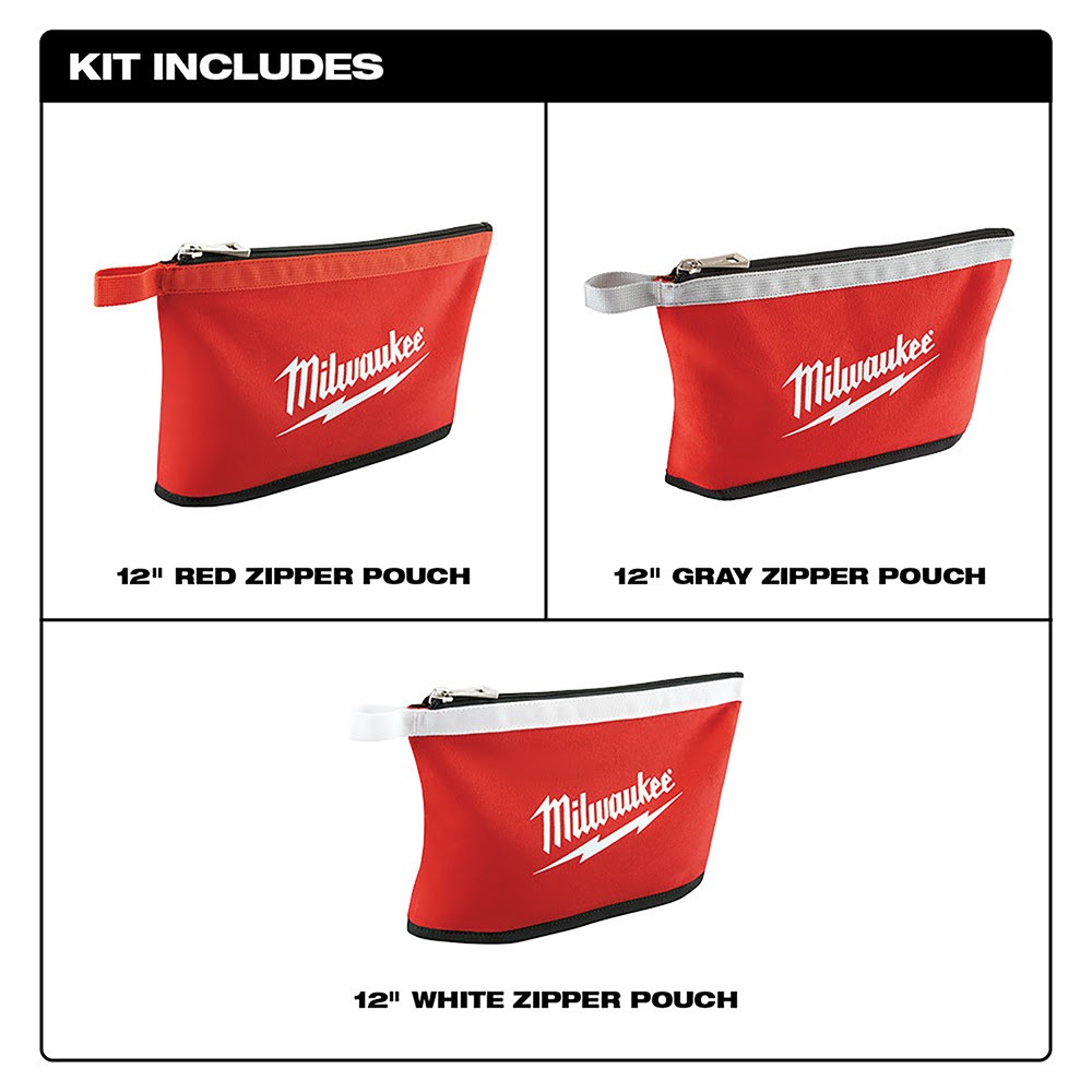 Milwaukee 48-22-8193 Canvas Colored Heavy-Duty Zippered Pouches, 3-Pack