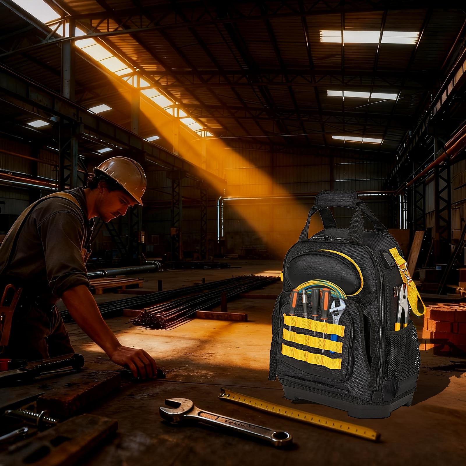 Tool Bag Backpack, Electrician Backpack 15″ L x 8.3″ W x 17″ H, Yellow