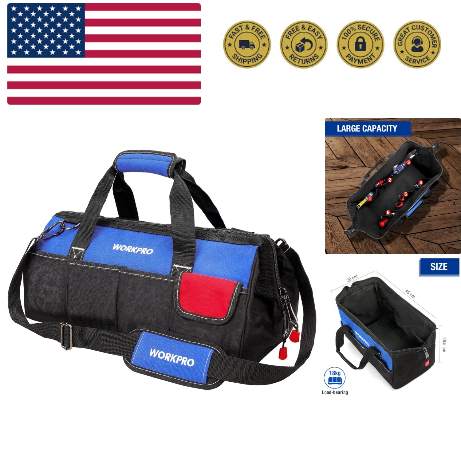 18-inch Close Top Wide Mouth Storage Tool Bag with Adjustable Shoulder Strap,…