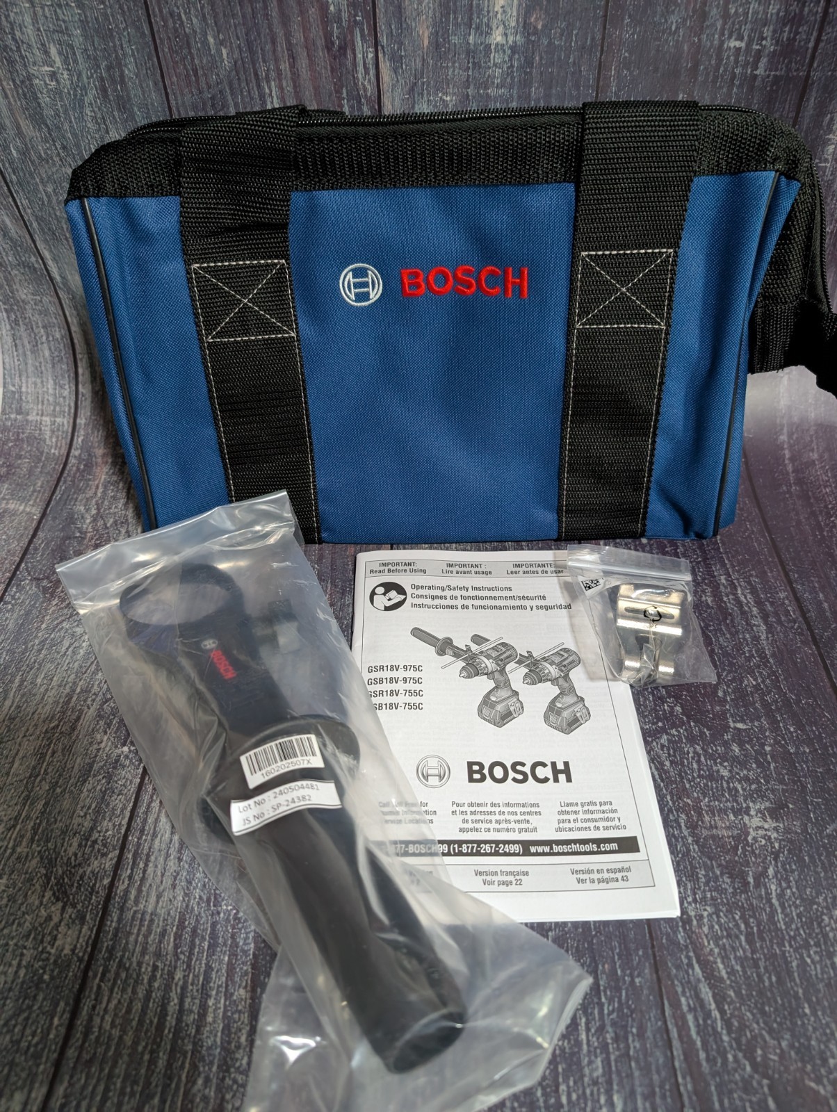 Bosch 975C 755C Accessoies Lot: Tool Bag Auxiliary Handle Belt Clip Manual NEW