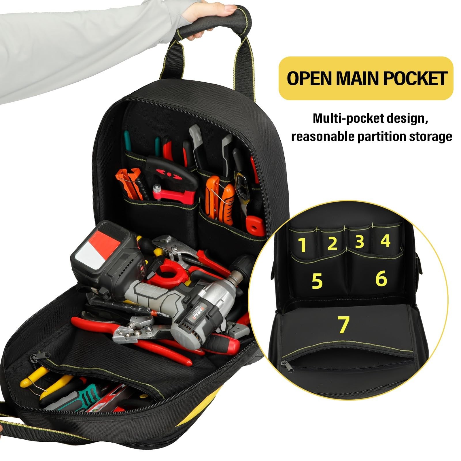 Tool Backpack 17 Inch Heavy Duty Waterproof Molded Base Pockets Black Yellow