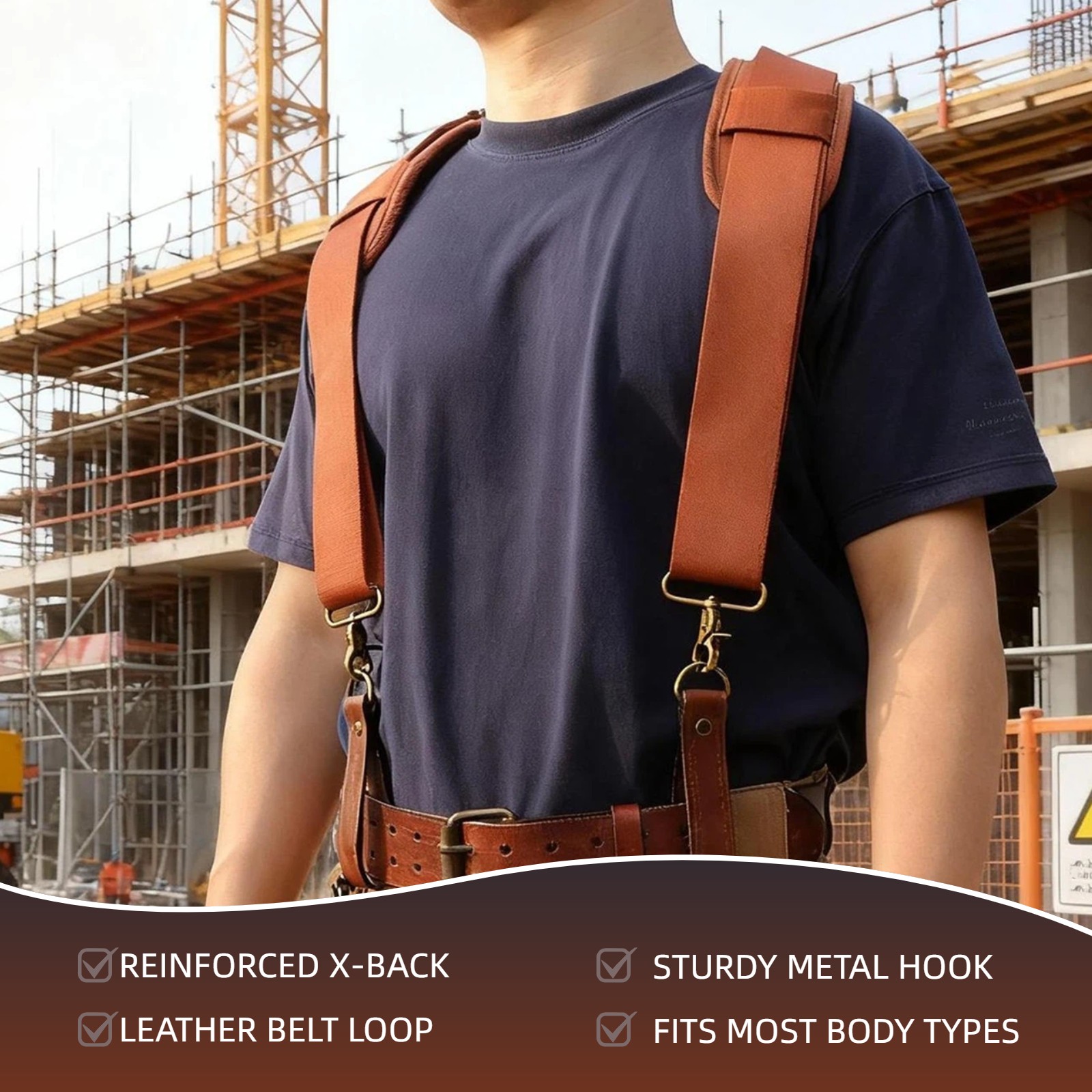 TOURBON Adjusted Tool Belt Suspenders- Leather Cross Patch-Padded Shoulder Strap