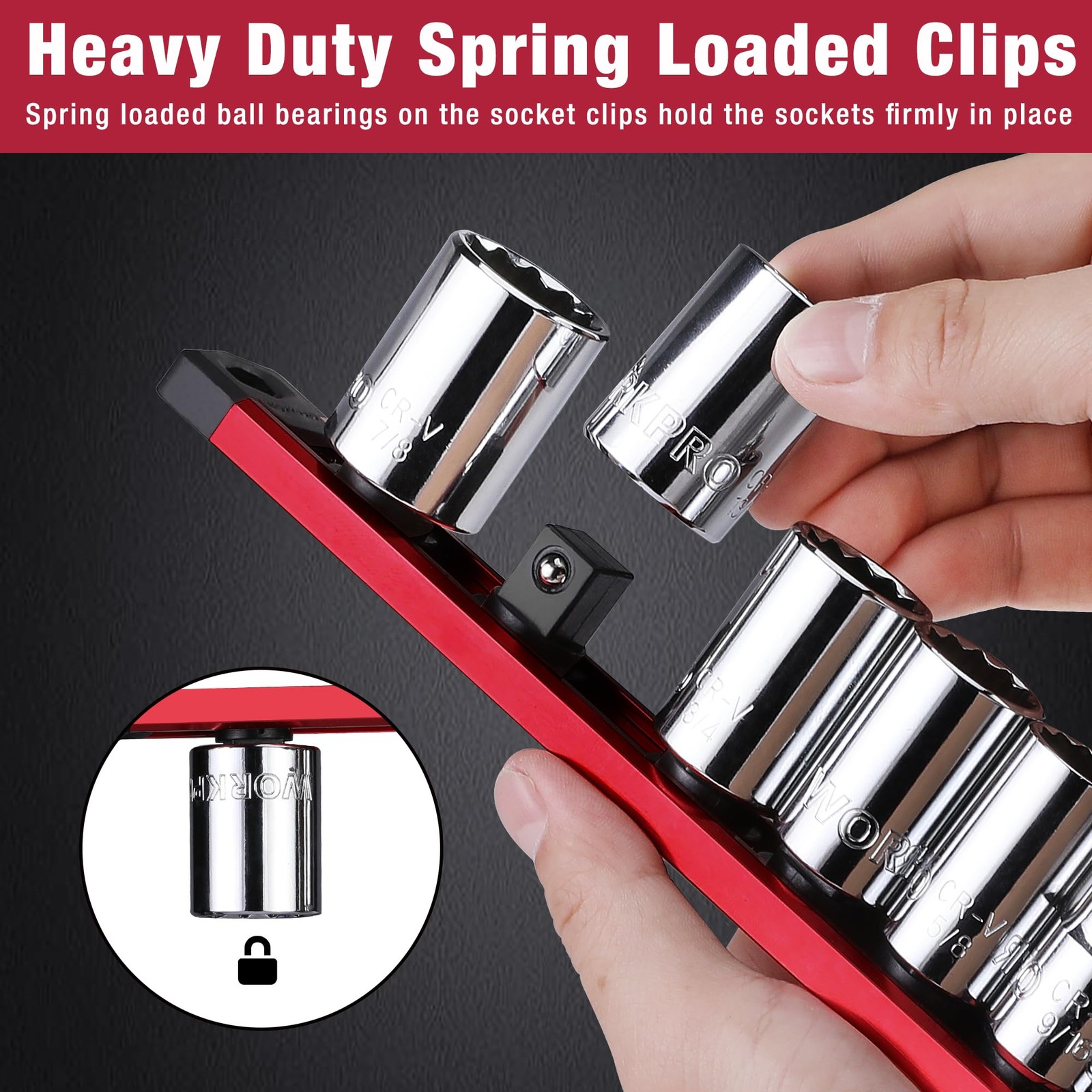 WORKPRO Magnetic Socket Organizer, 1/2-Inch Drive Aluminum Alloy 1/2″ DR, Red