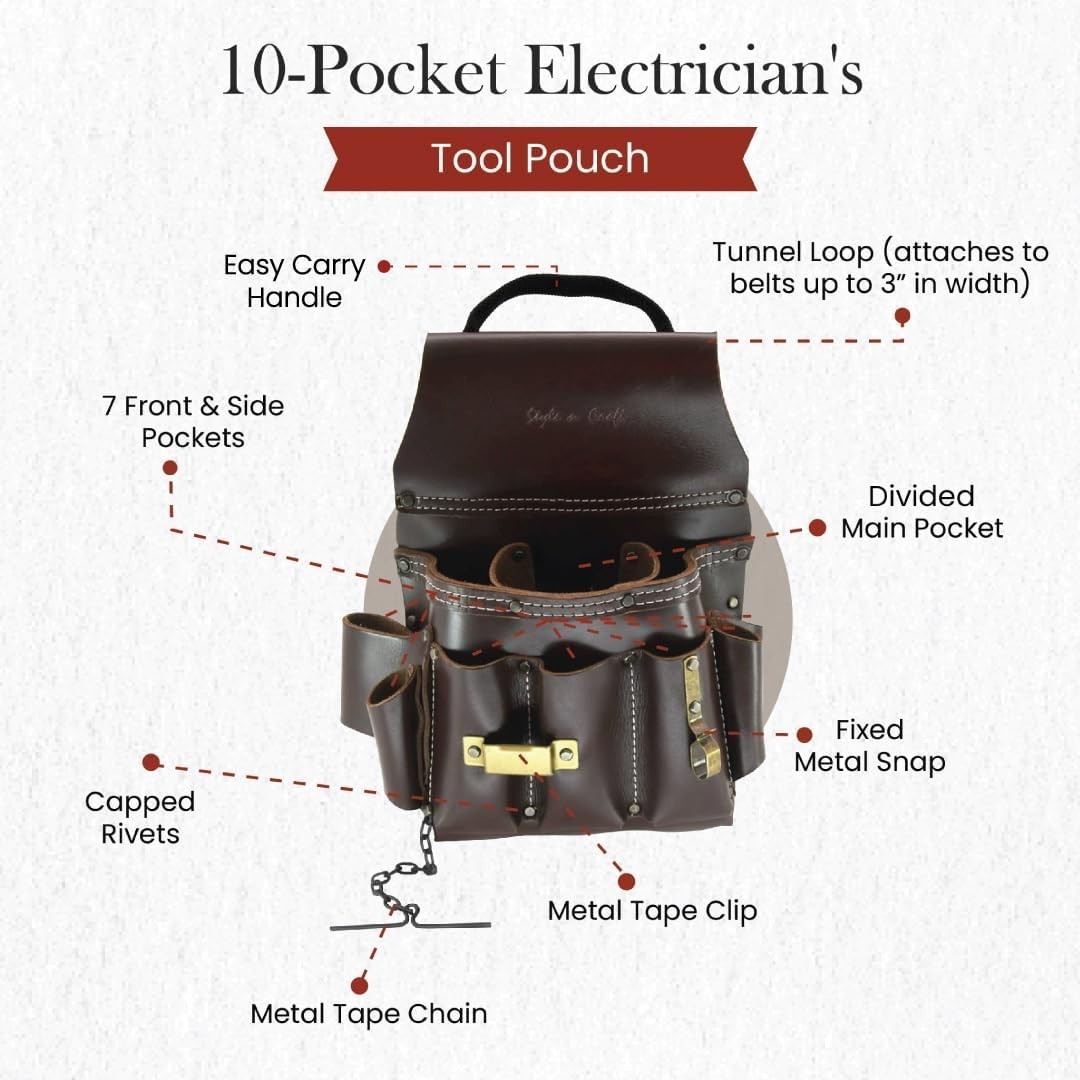 Durable Full-Grain Leather Tool Pouch with 10 Pockets for Electricians, Dark Tan
