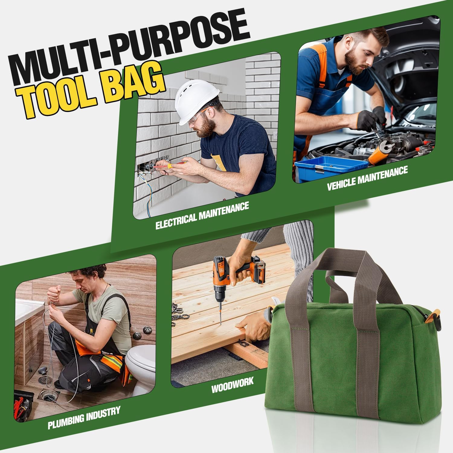 Green Canvas Tool Bag 12″ Zipper Tote Organizer Large Capacity for Electrician