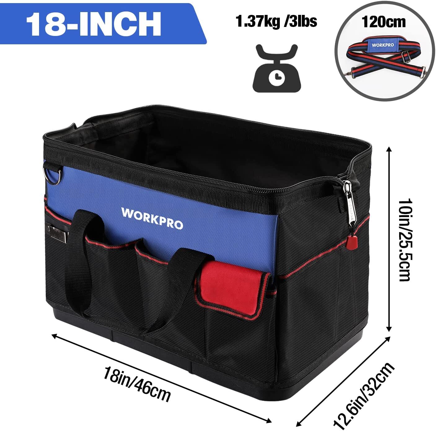 WORKPRO 18″ Tool Bag Zipper Top Tool Organizer Case Wide Mouth Open Black/Blue