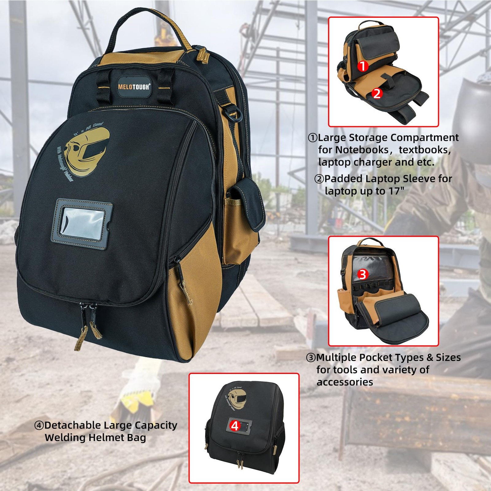 Melotough Electricians Tool Bag Backpack Welding Helmet Bag Heavy Duty Tool Bag
