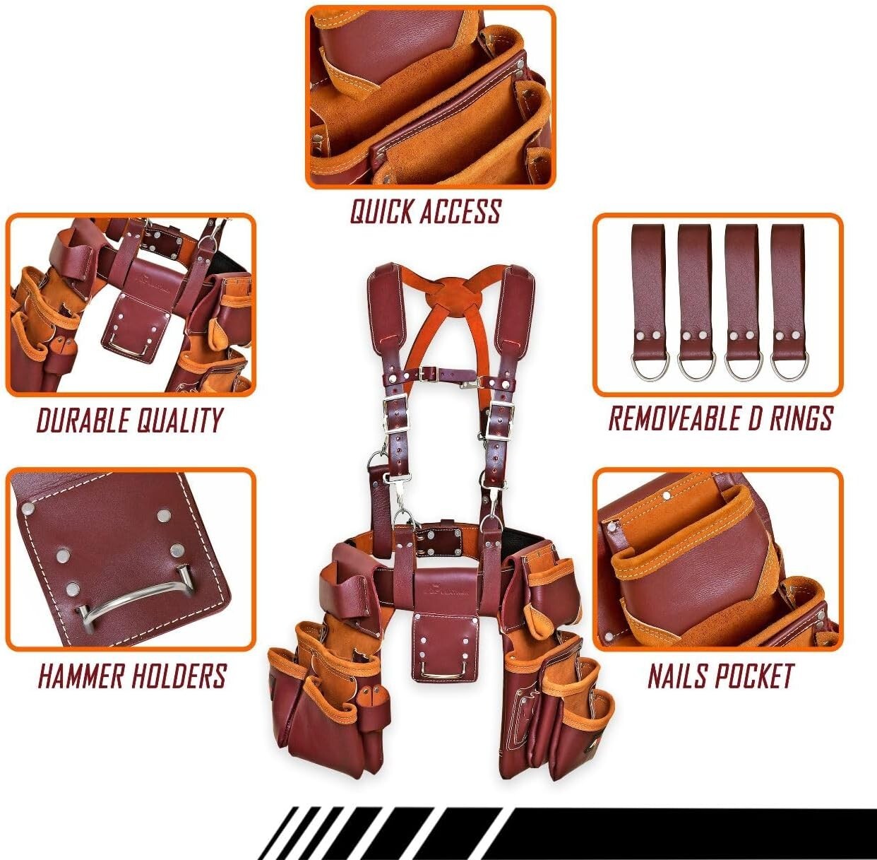 Leather 19-Pocket Tool Belt Suspenders with Comfort Back for Electricians Works