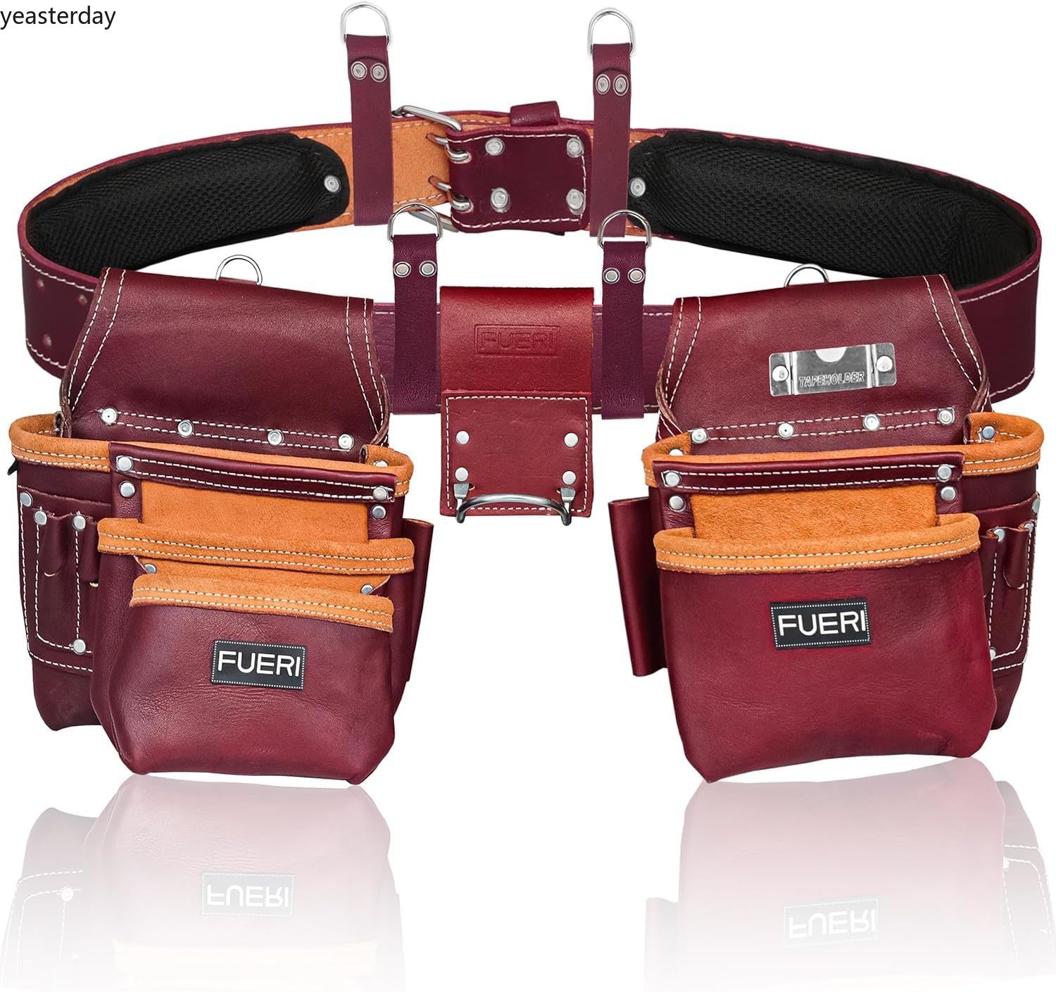 FUERI Leather Tool Belt 17 Pocket Pouches Bags Men Suspenders Holder Organizer