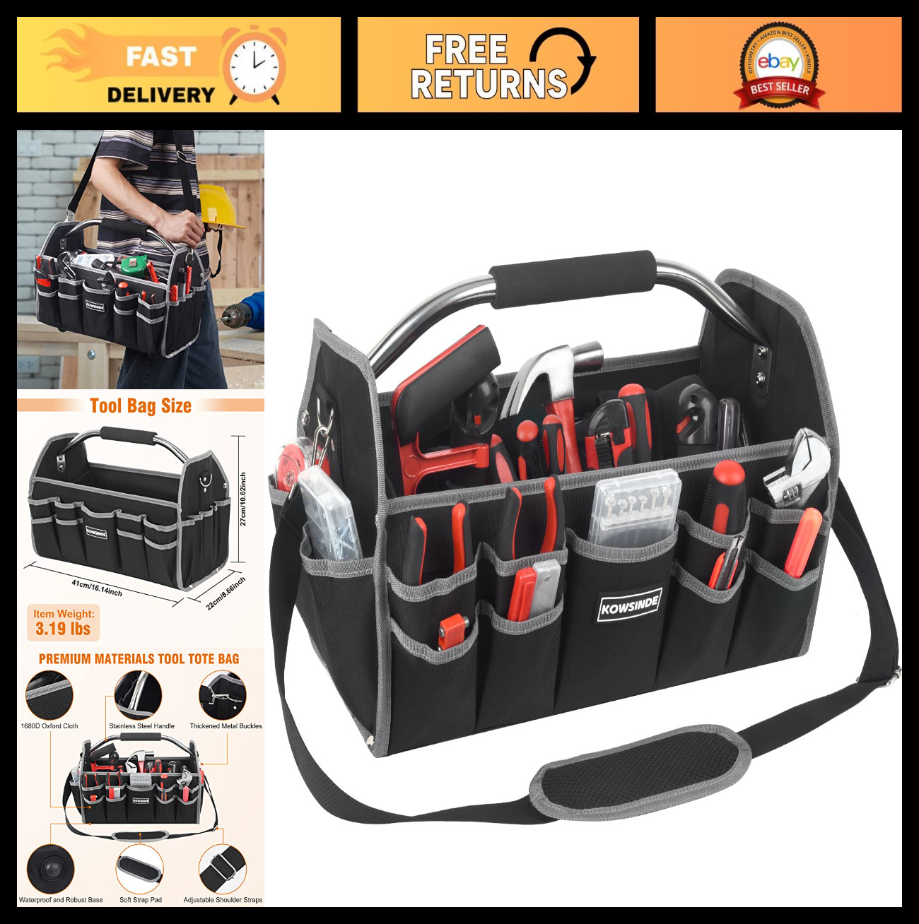 16″ Electrician Tool Bag – Open Top, 26 Pockets, Steel Handle, Removable Strap