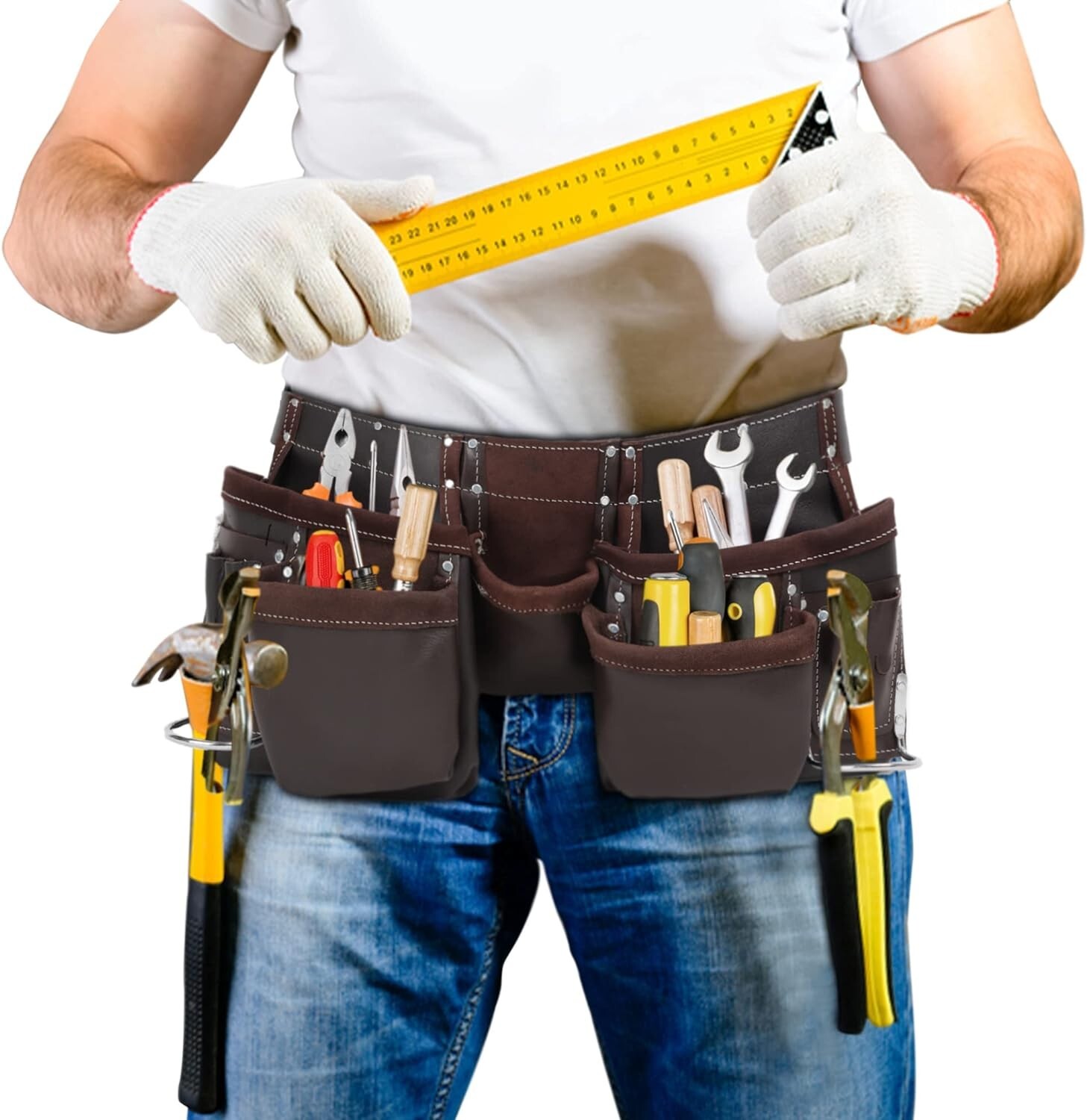 12-Pocket Oil Tanned Leather Tool Belt for Electricians & Construction Work