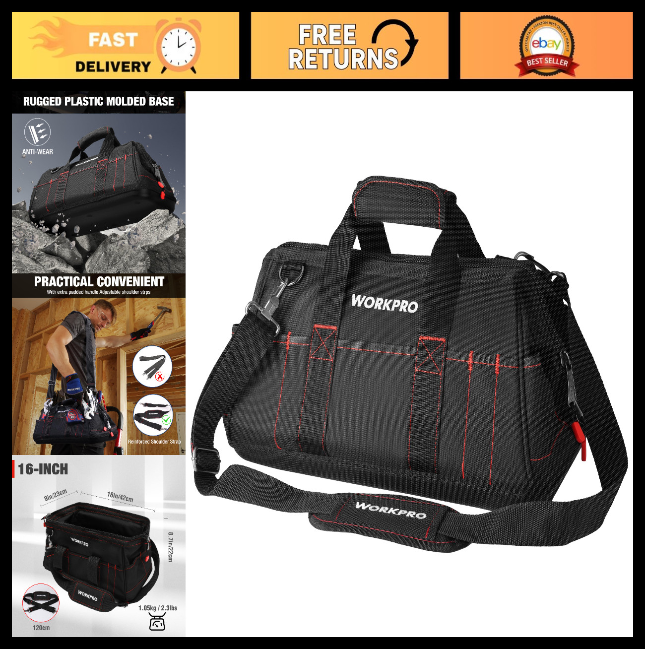 16″ Wide Mouth Tool Storage Bag with Waterproof Base, Heavy-Duty Organizer, Dura