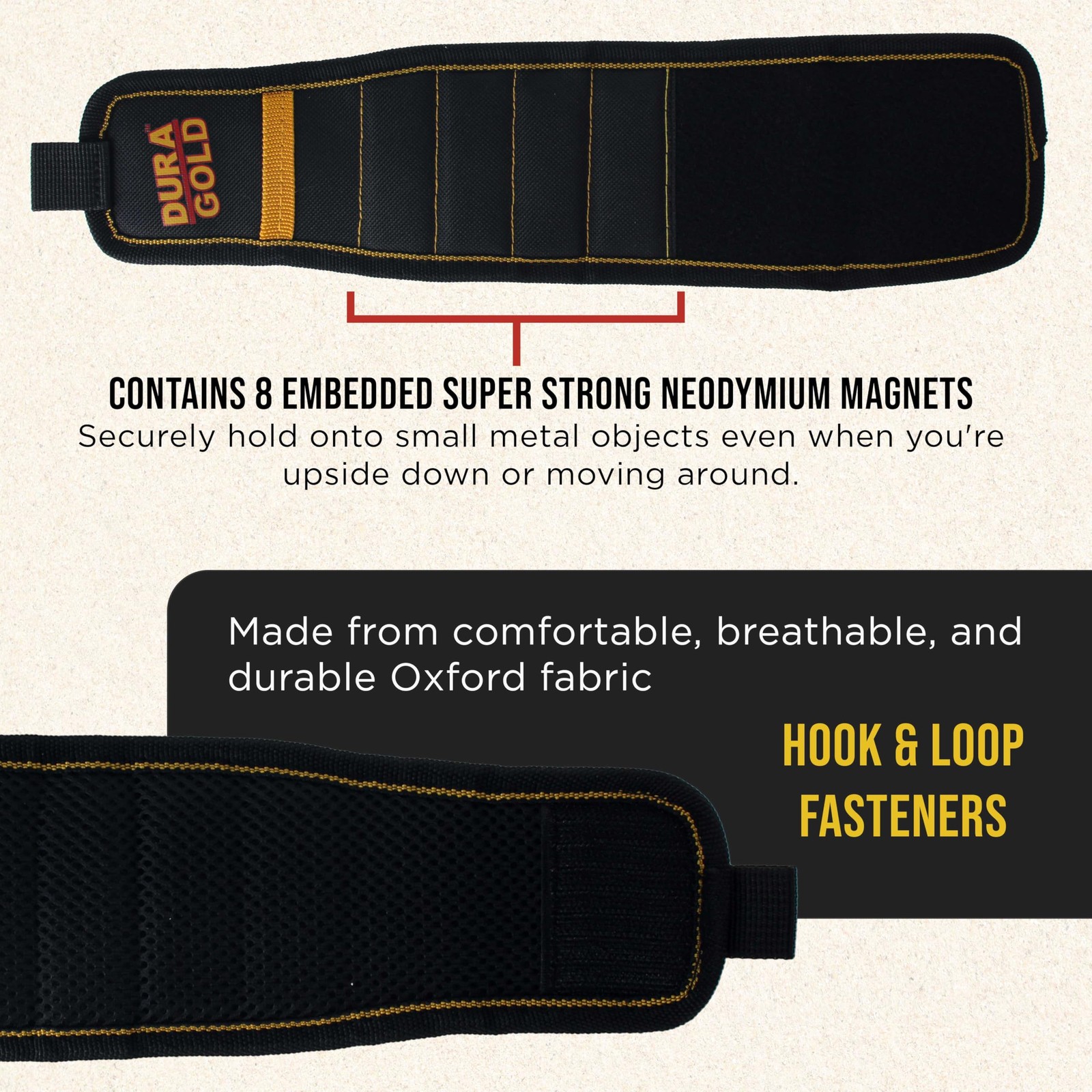 Dura-Gold Magnetic Wristband Tool Belt – Nylon Wrist Strap, Adult, Black/Gold